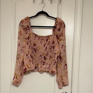 Express Pink Floral Smocked Puffy Long-Sleeve Blouse